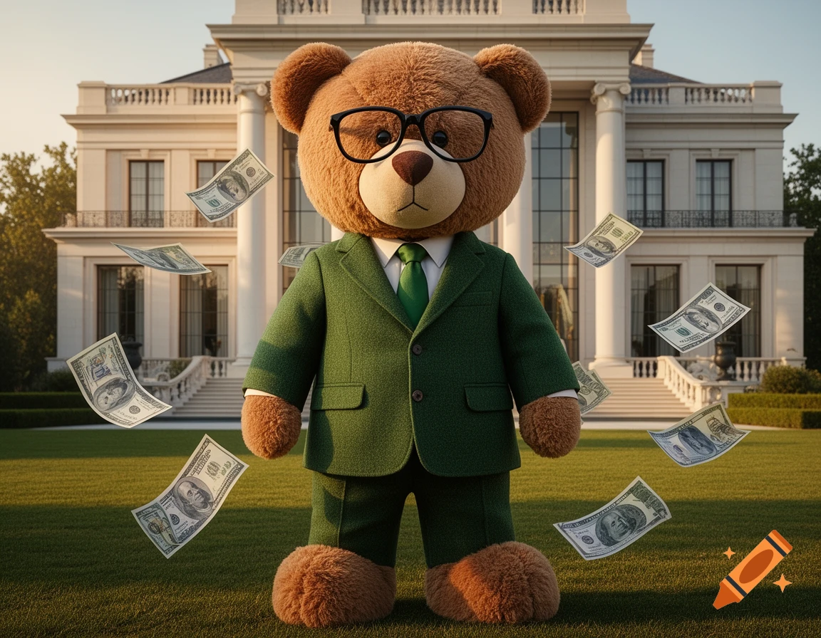 A sophisticated teddy bear wearing black glasses and a green suit stands in front of a mansion with dollar bills flying around him, photorealistic style.