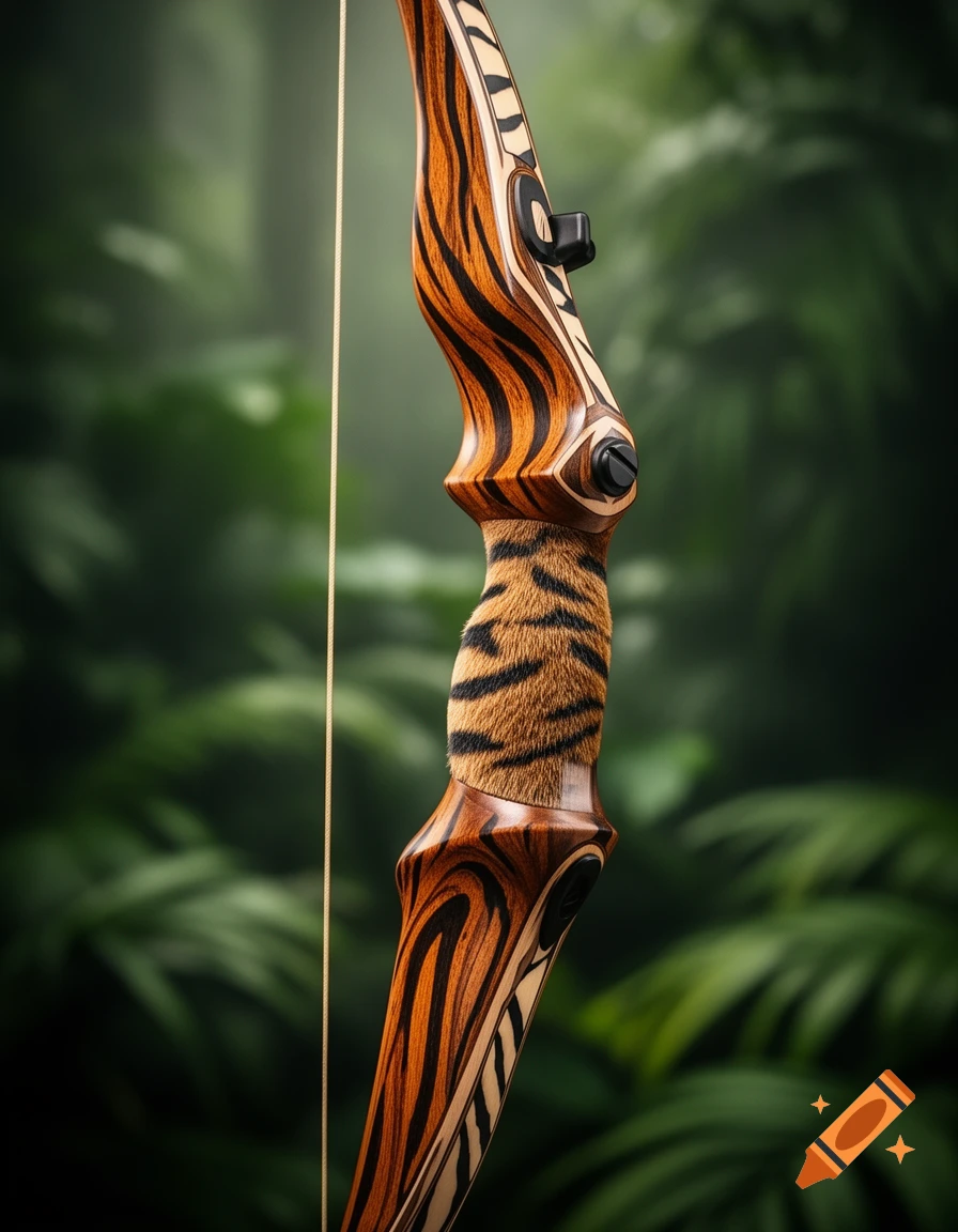 Close-up of a recurve bow featuring tiger-stripe wood and a furry tiger print grip, set against a blurred green jungle background.