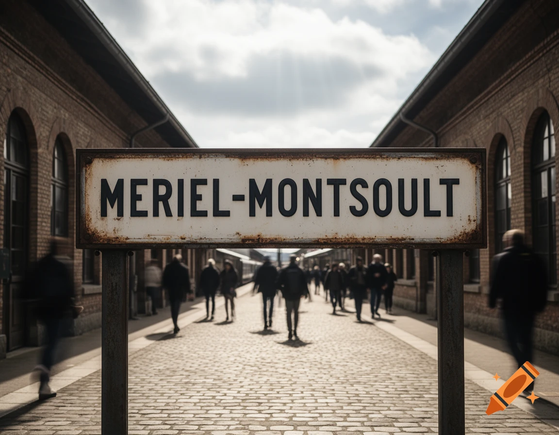 A rustic train station sign for "MERIEL-MONTSOULT" with blurred figures walking along a cobbled platform between brick buildings under a cloudy sky.