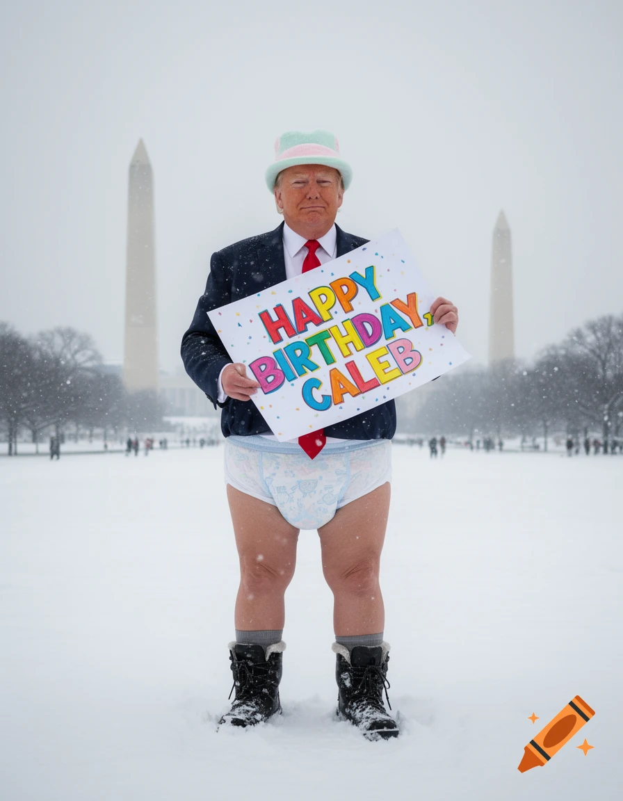 Donald Trump in an adult diaper and hat, holding a 'Happy Birthday Caleb' sign in the snow on the National Mall.