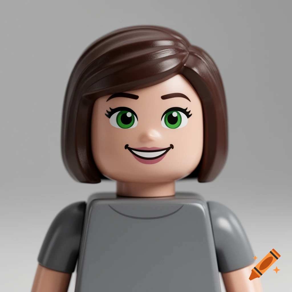 A 3D render of a woman minifigure toy with short brown hair, green eyes, and a grey t-shirt.