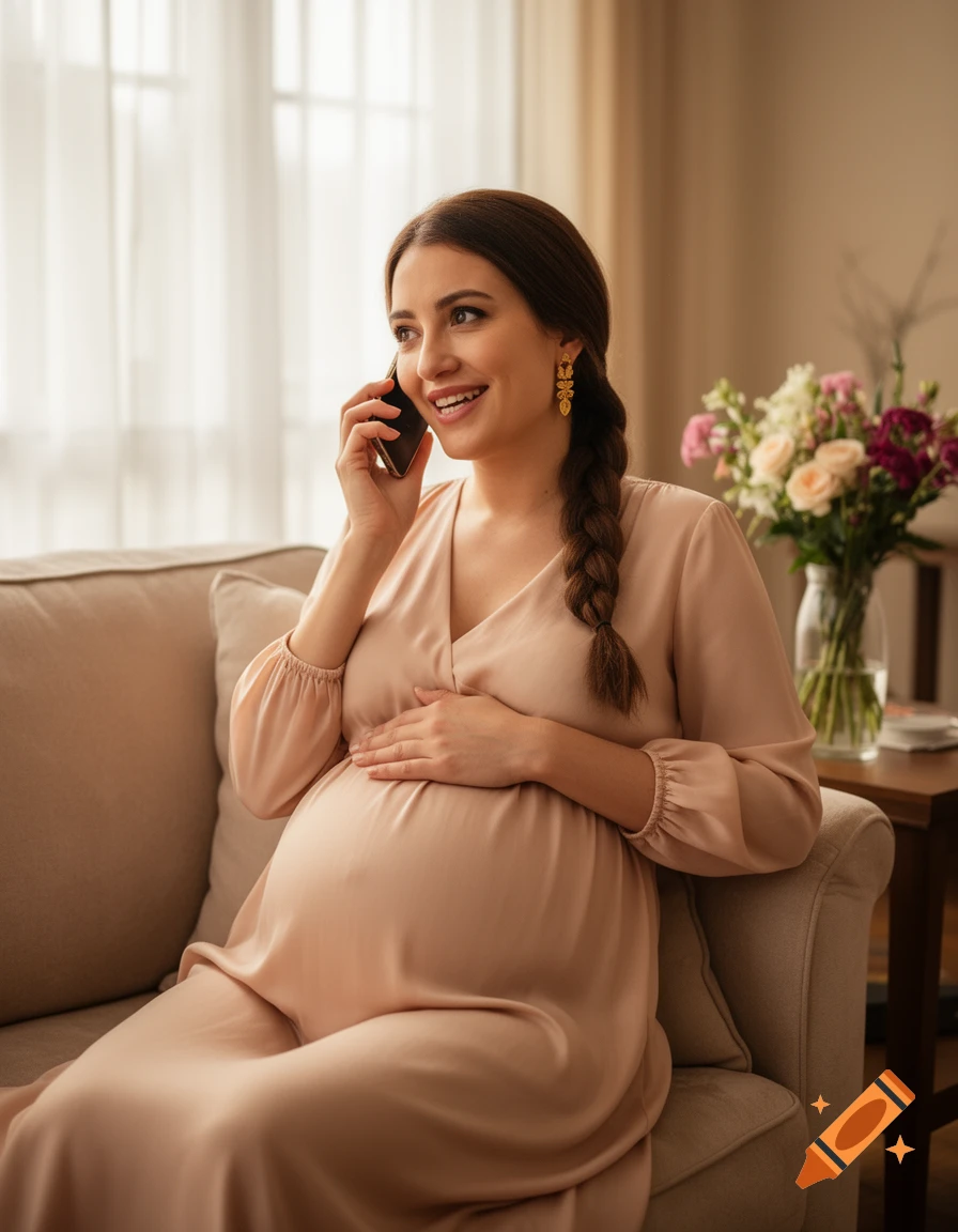 A smiling pregnant woman with a long braid sits on a couch, talking on a phone and holding her belly in a soft-lit room.