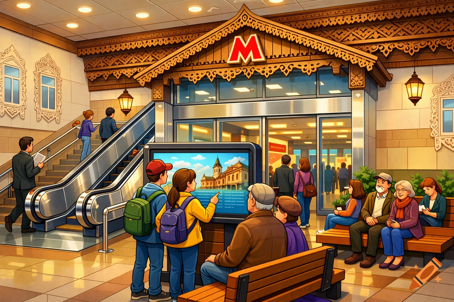A cartoon-style metro station with ornate wooden trim. People ride escalators, view an interactive screen, and sit on benches. A prominent red M logo is above the entrance.