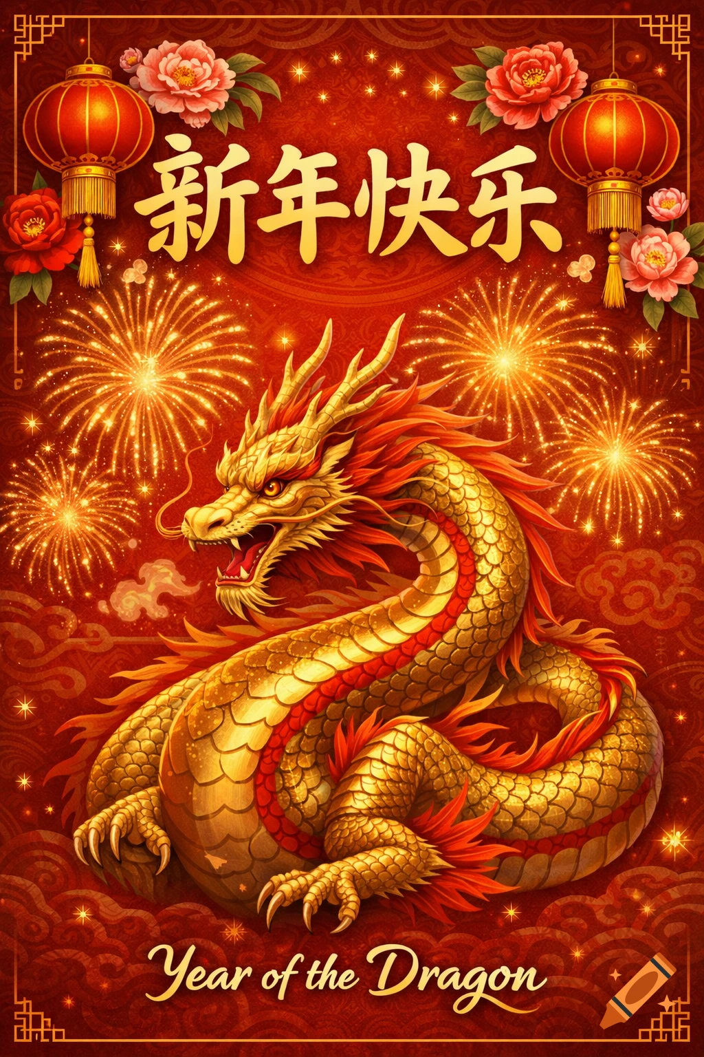 A vibrant Chinese New Year greeting card featuring a golden dragon amidst fireworks, lanterns, and "Happy New Year" text.