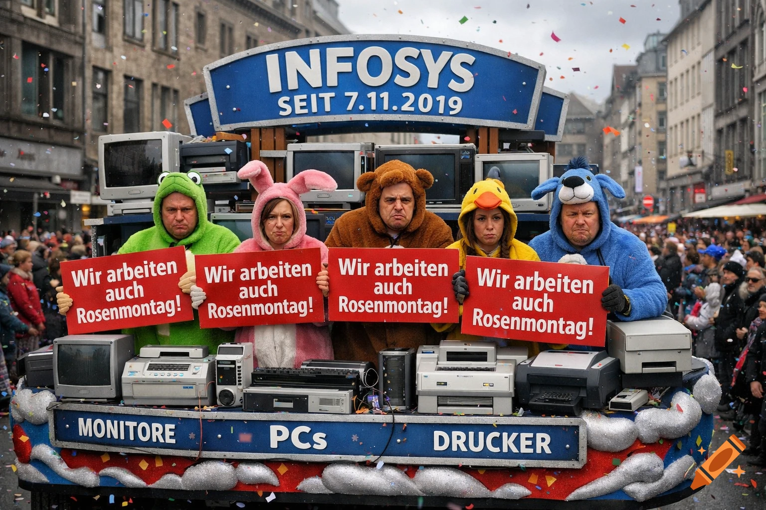 People in animal costumes on a parade float featuring vintage computer equipment and signs, with confetti falling, during a festive event.