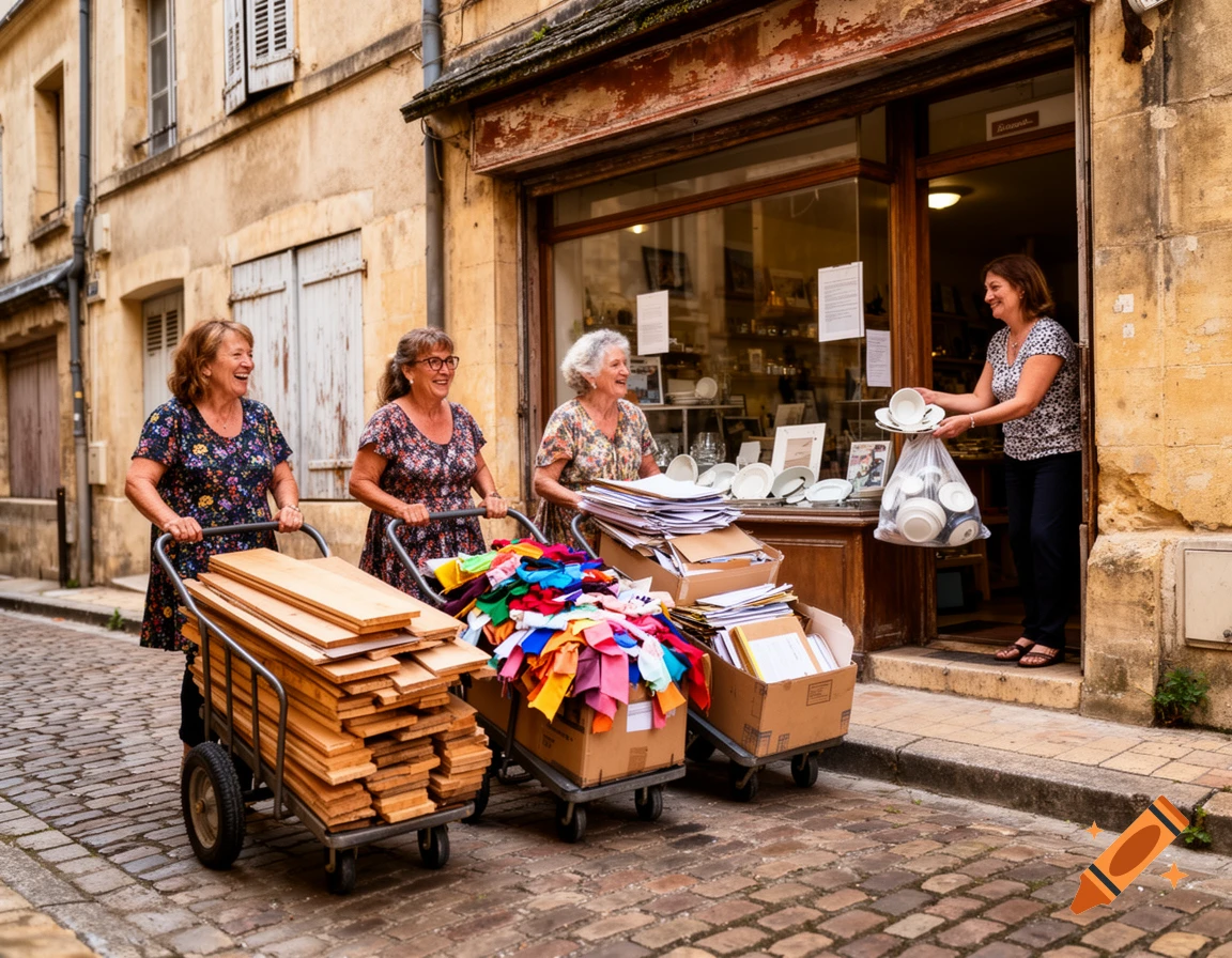 Four older women on a cobblestone street. Three push carts with wood, fabric, and paper, while a fourth offers dishes from a shop.