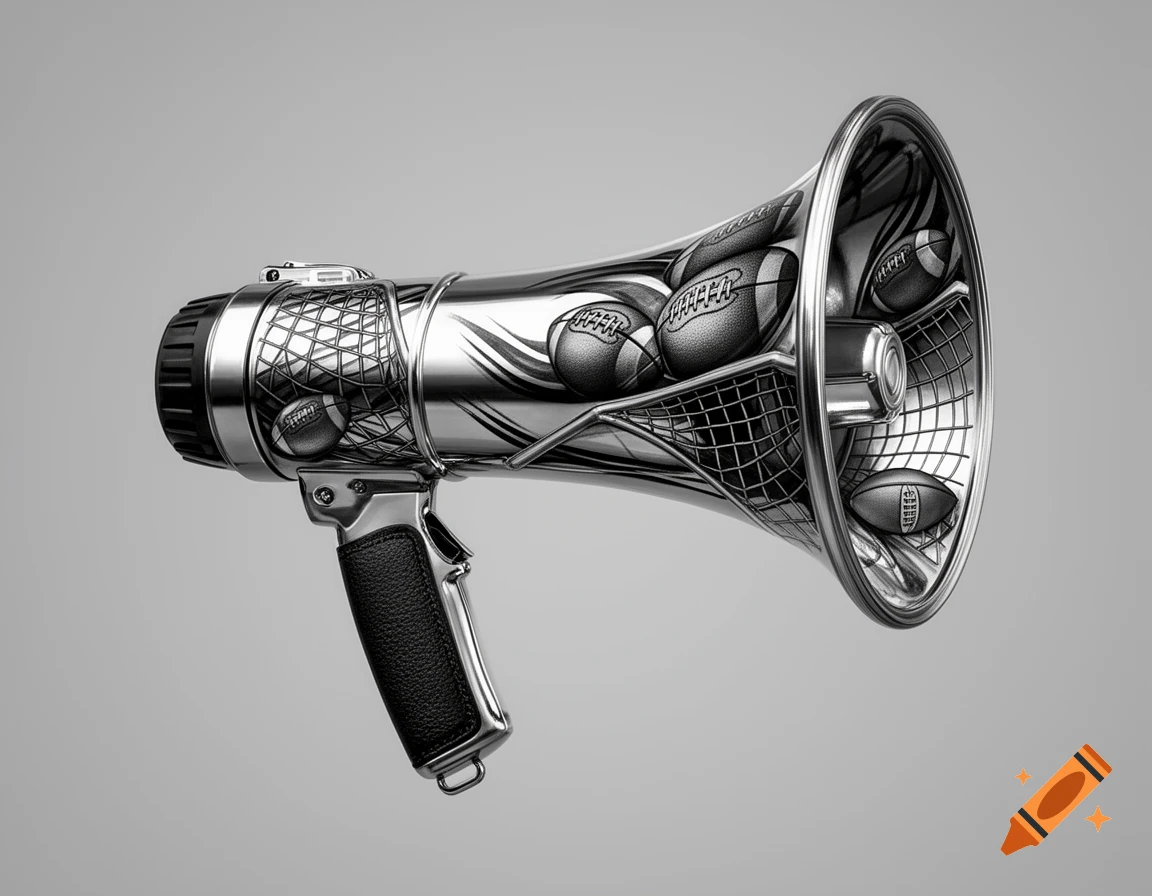 A chrome megaphone with a black leather handle filled with footballs and metallic mesh, against a gray background.