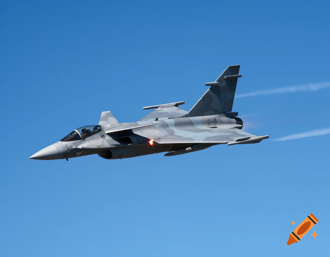 A grey and blue camouflage fictional fighter jet with an orange afterburner glow flies through a clear blue sky, leaving white contrails.