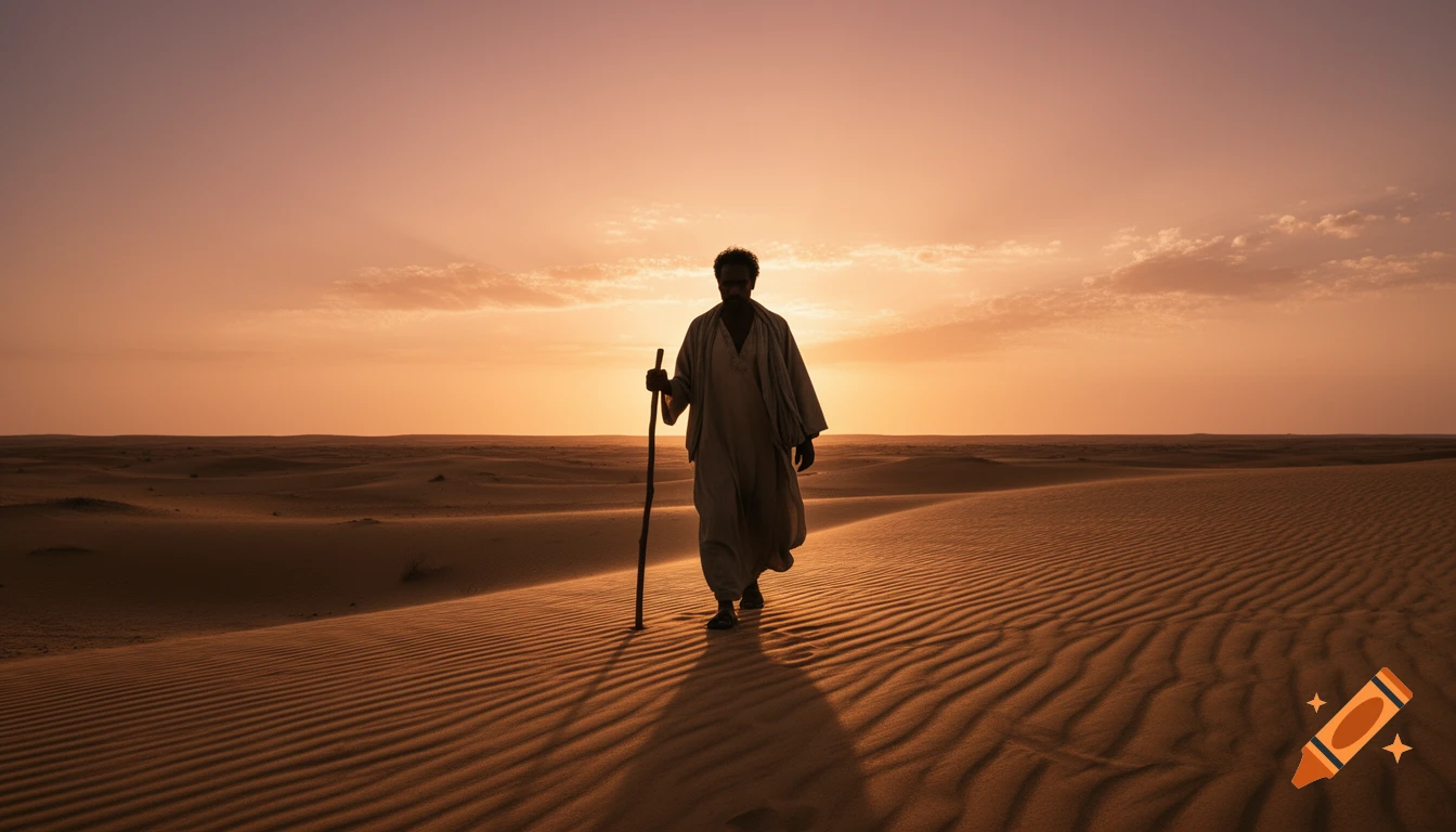 A silhouetted man walks with a stick across sand dunes in a desert at sunset, bathed in orange light.