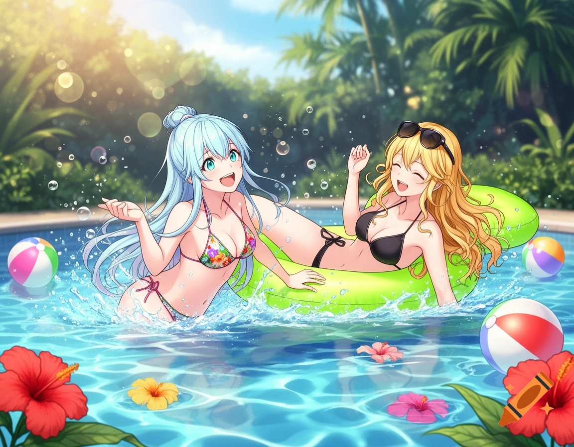 Two cheerful anime girls in bikinis enjoy a sunny swimming pool with beach balls and hibiscus flowers.
