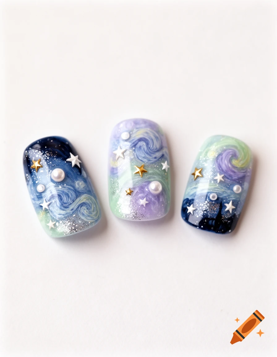Three elegant artificial nails featuring a starry night design with swirling blue, lavender, and mint green, adorned with stars, pearls, and glitter.