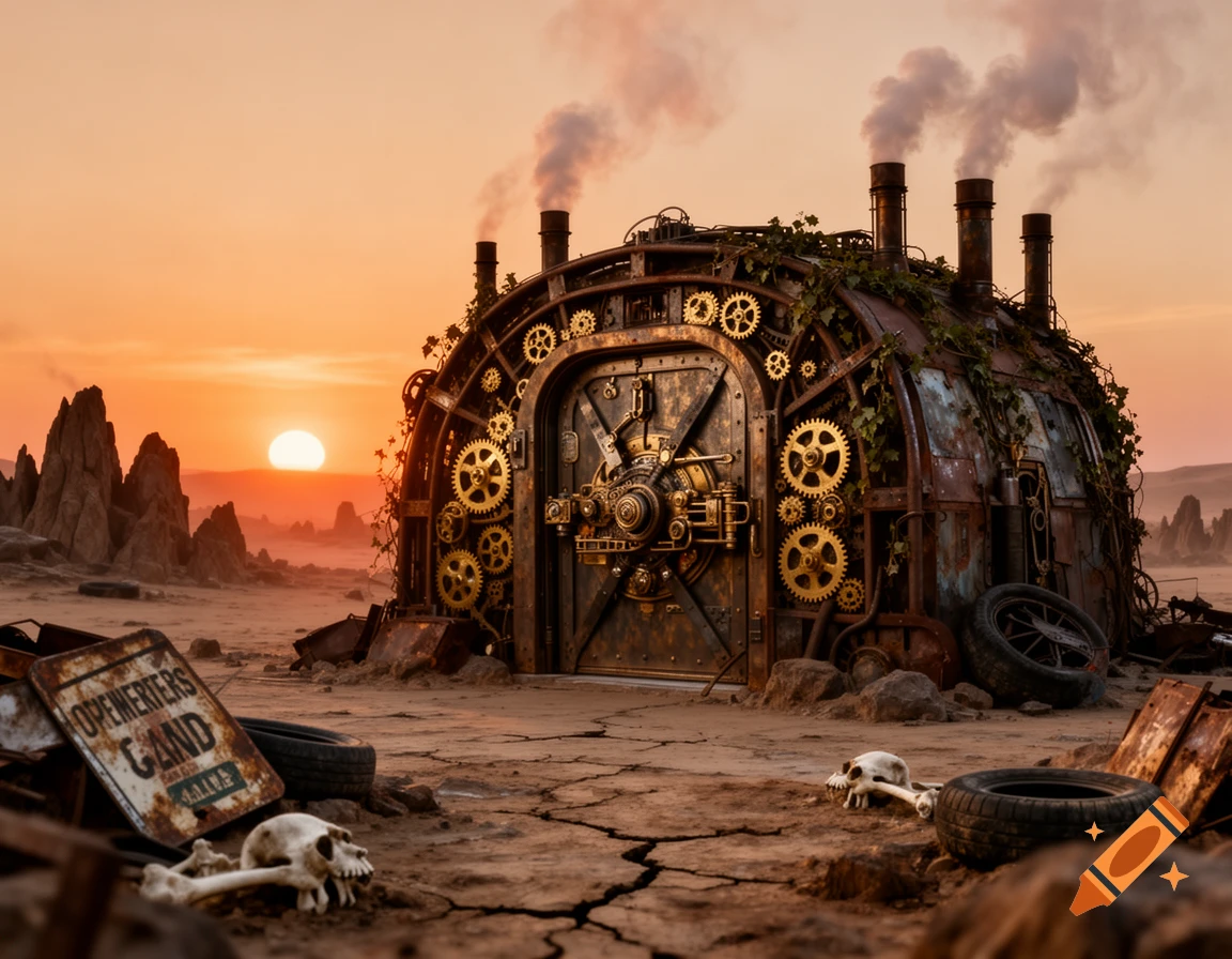 A rusty steampunk shelter with gears and chimneys in a desert wasteland at sunset, with bones and debris in the foreground.
