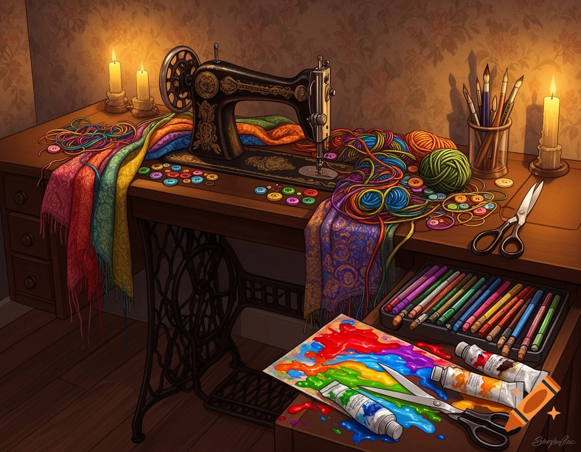 A cozy, well-lit table with an antique sewing machine, colorful fabrics, buttons, spools of thread, paint tubes, brushes, and markers, depicting a creative workspace.