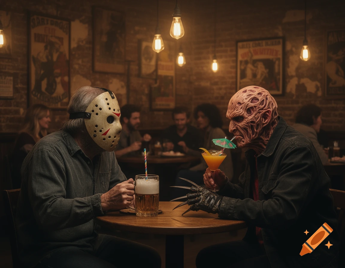 Jason Voorhees and Freddy Krueger having drinks in a dimly lit pub, with Jason holding a beer and Freddy a cocktail.