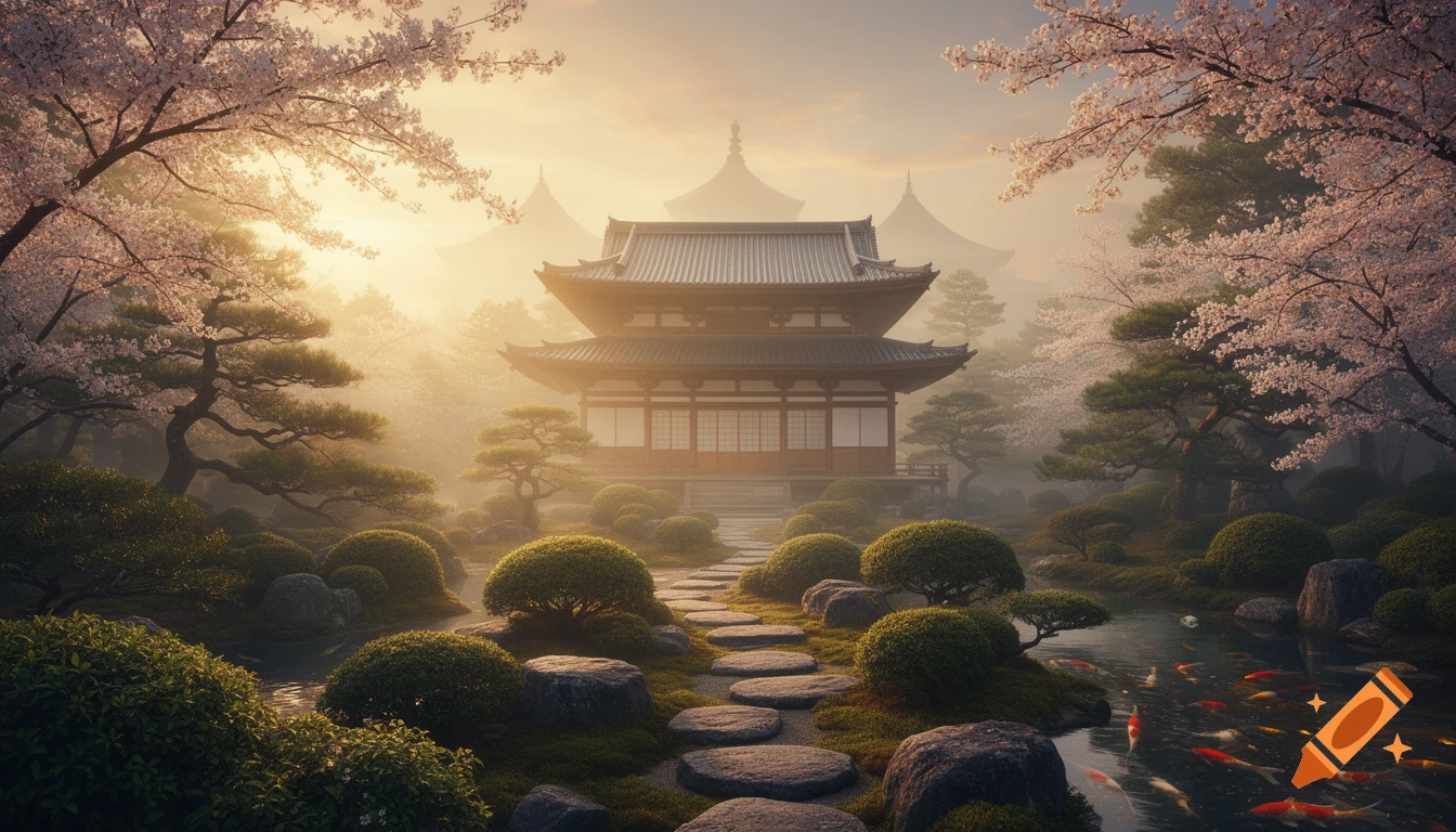 Serene Japanese temple in a misty garden with cherry blossoms, traditional trees, a koi pond, and stepping stones at golden hour.