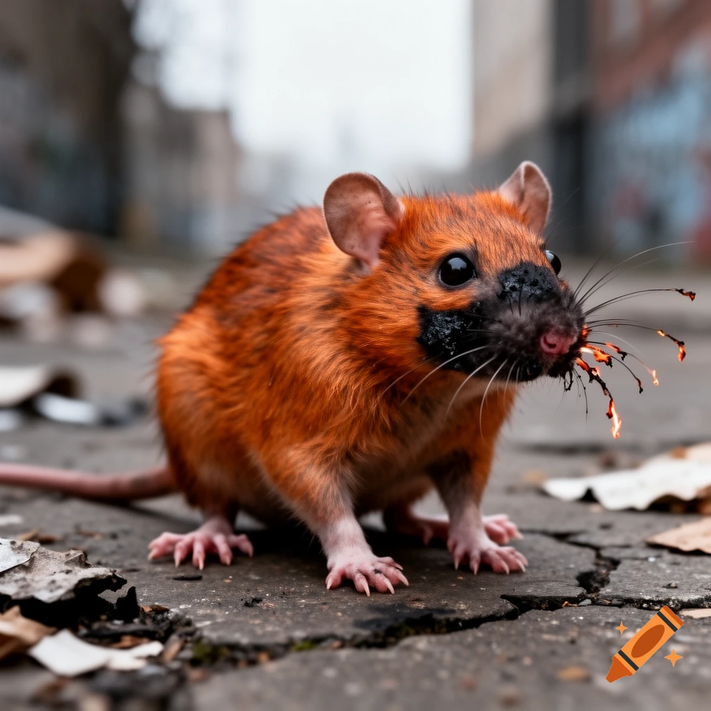 A copper-orange rat with a dark muzzle and sparking whiskers stands on cracked pavement.