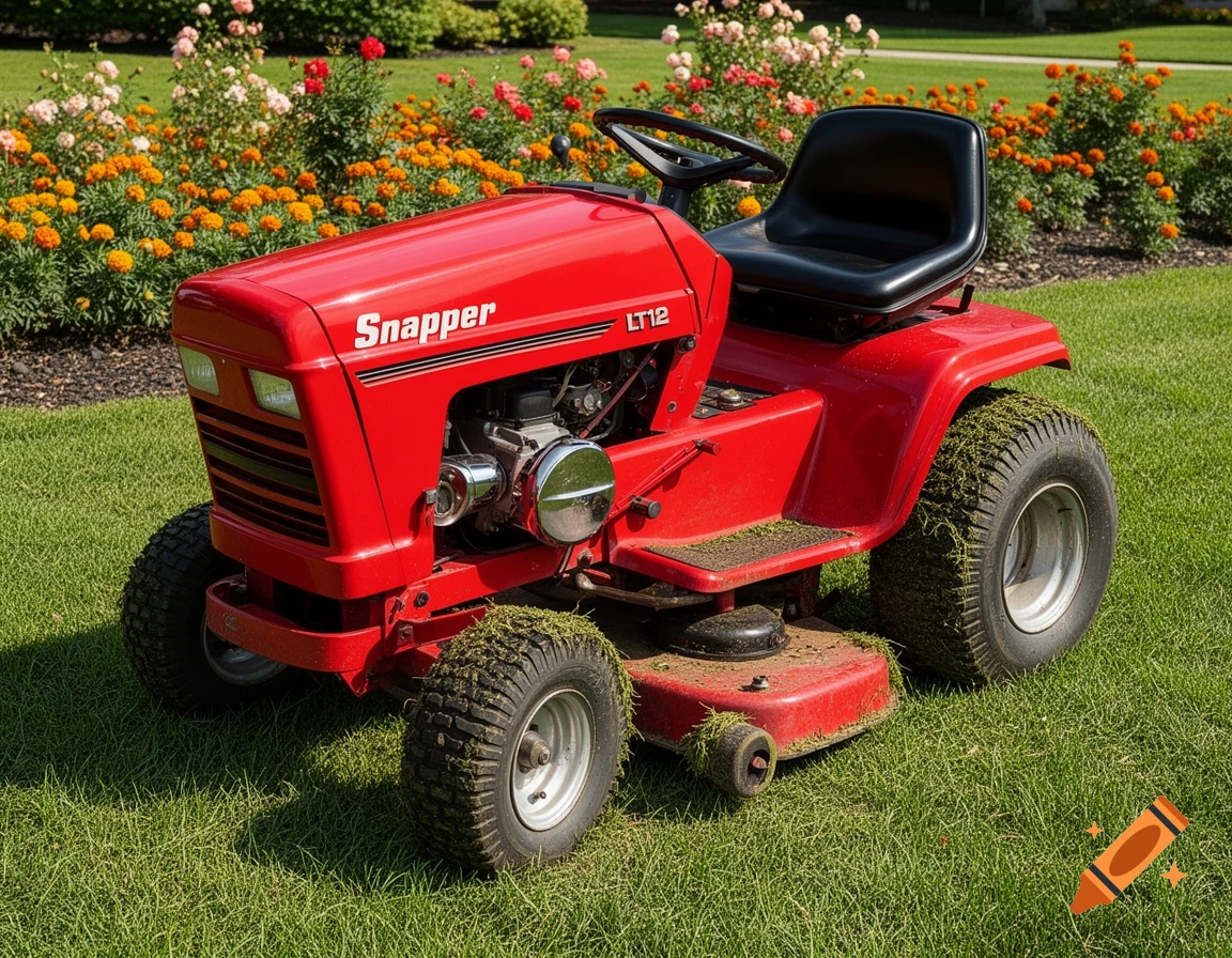A bright red Snapper LT12 lawn tractor with grass clippings on its tires, parked on green grass with colorful flowers and bushes in the background.