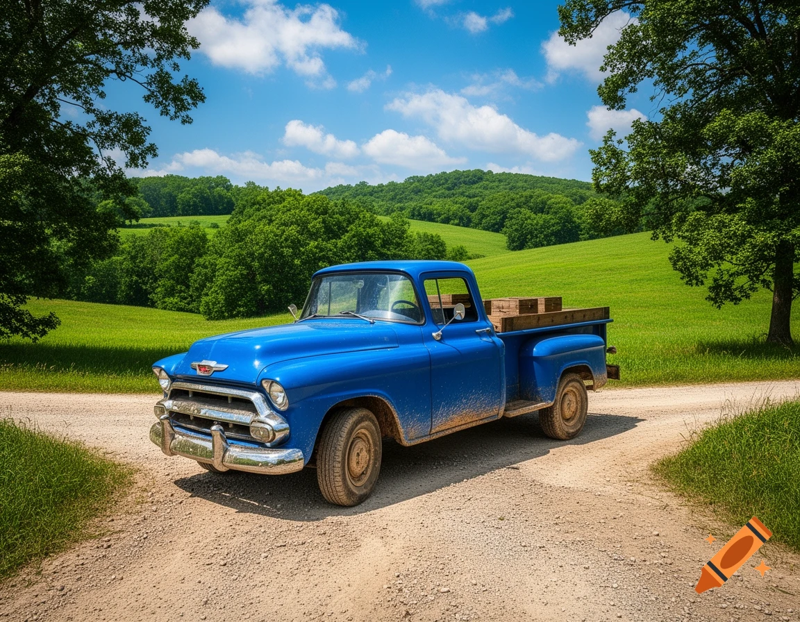 A bright blue vintage pickup truck with dirt on its sides sits on a gravel road in a vibrant green, hilly landscape under a blue sky.