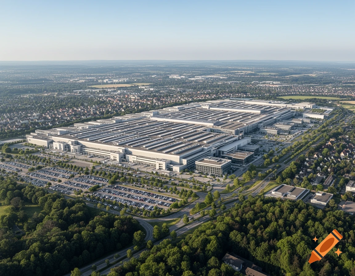 Aerial view of a massive industrial factory complex with parking lots, surrounded by green trees and residential buildings.