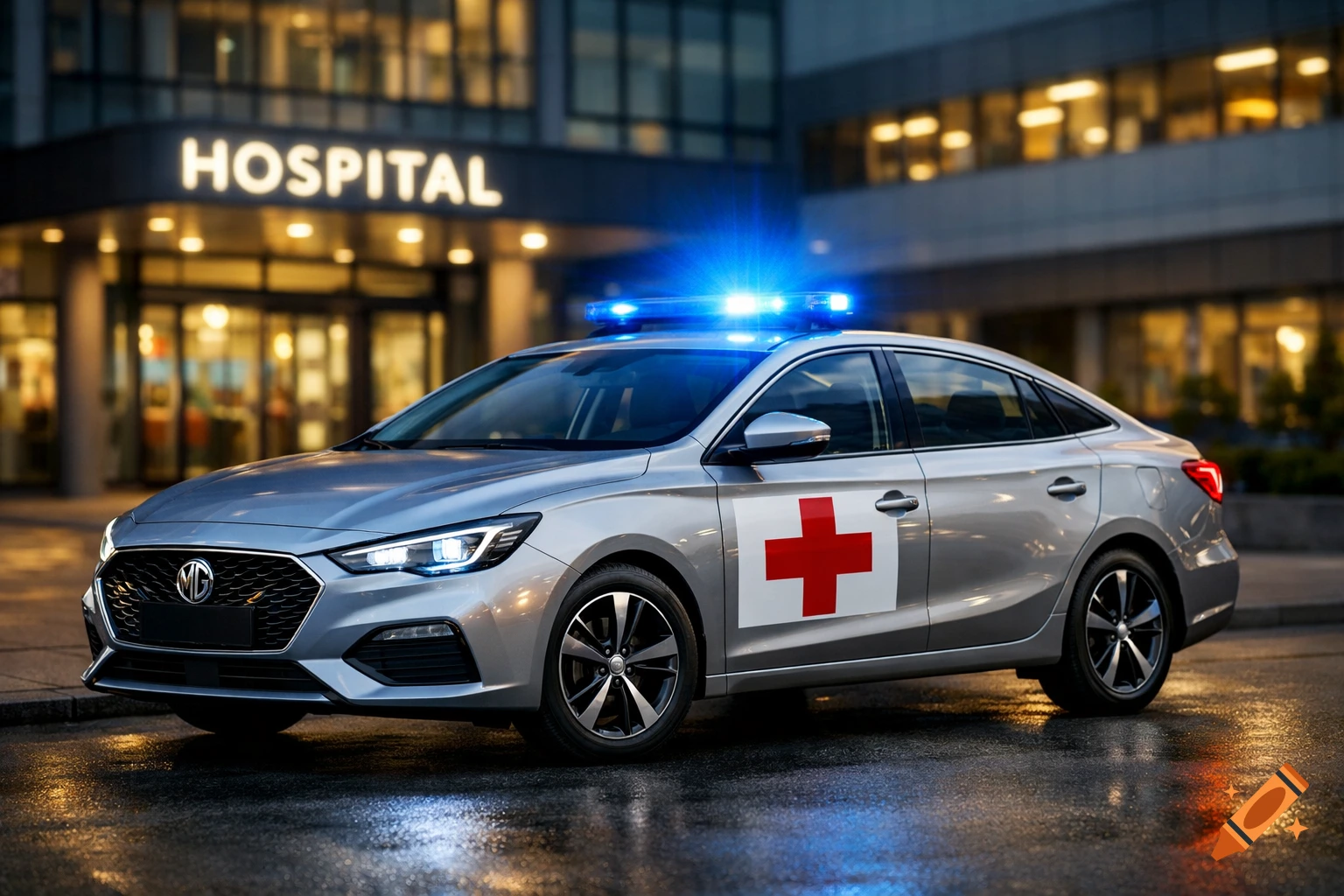 A silver car with blue flashing lights and a red cross symbol on the side, parked on a wet street in front of a hospital building at dusk. Photorealistic style.