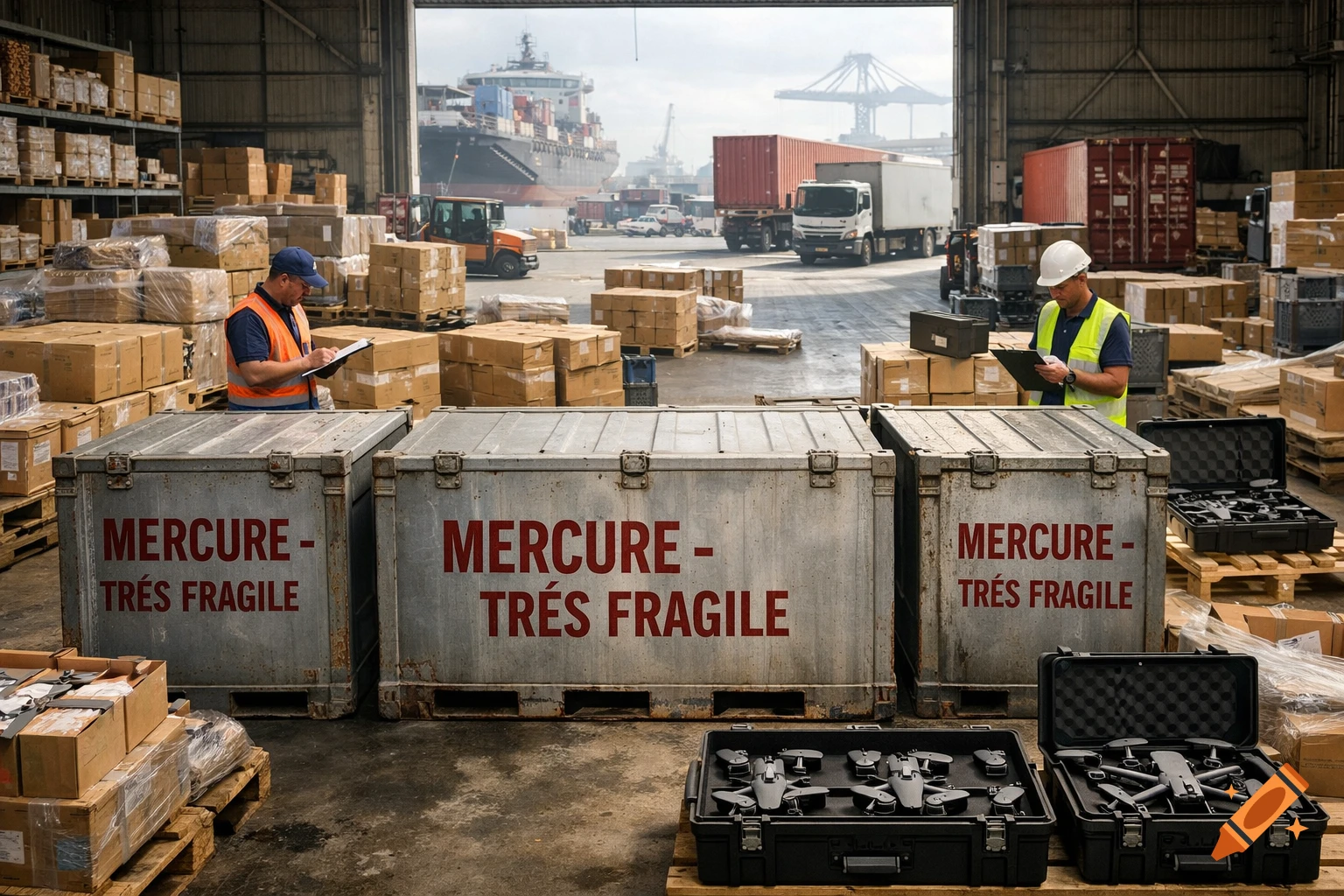 Workers in a port warehouse checking cargo, with large crates labeled 'MERCURE - TRÈS FRAGILE' and ships/trucks visible outside.