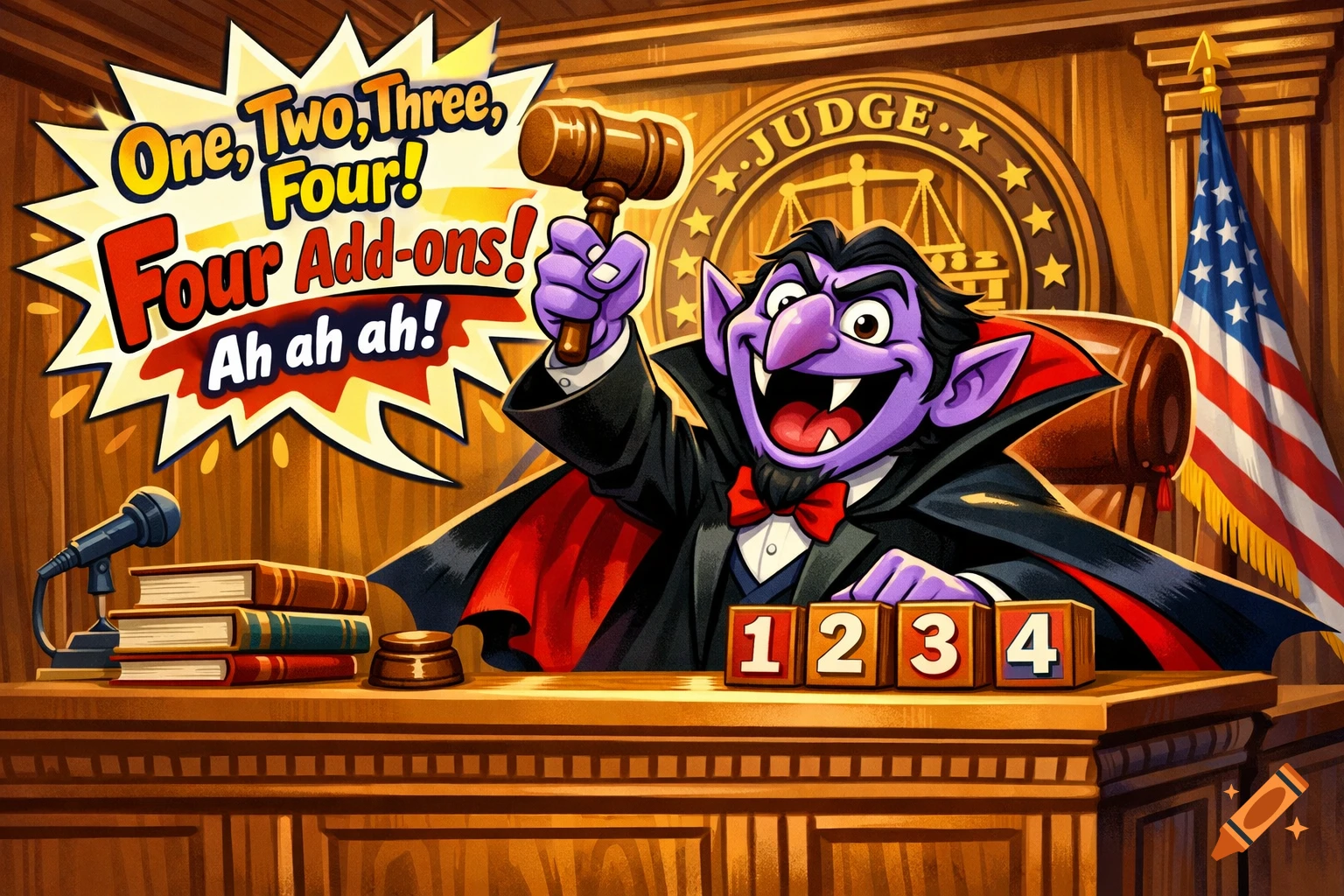 A vibrant cartoon of a purple vampire judge in a courtroom, holding a gavel. A speech bubble says "One, Two, Three, Four! Four Add-ons! Ah ah ah!" Blocks with numbers 1, 2, 3, 4 are on the bench.