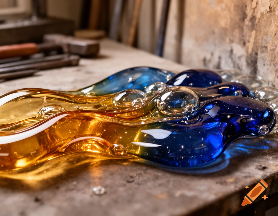 Photorealistic melted orange and blue glass art with bubbles and star-like specks on a dusty workbench with blurred tools.