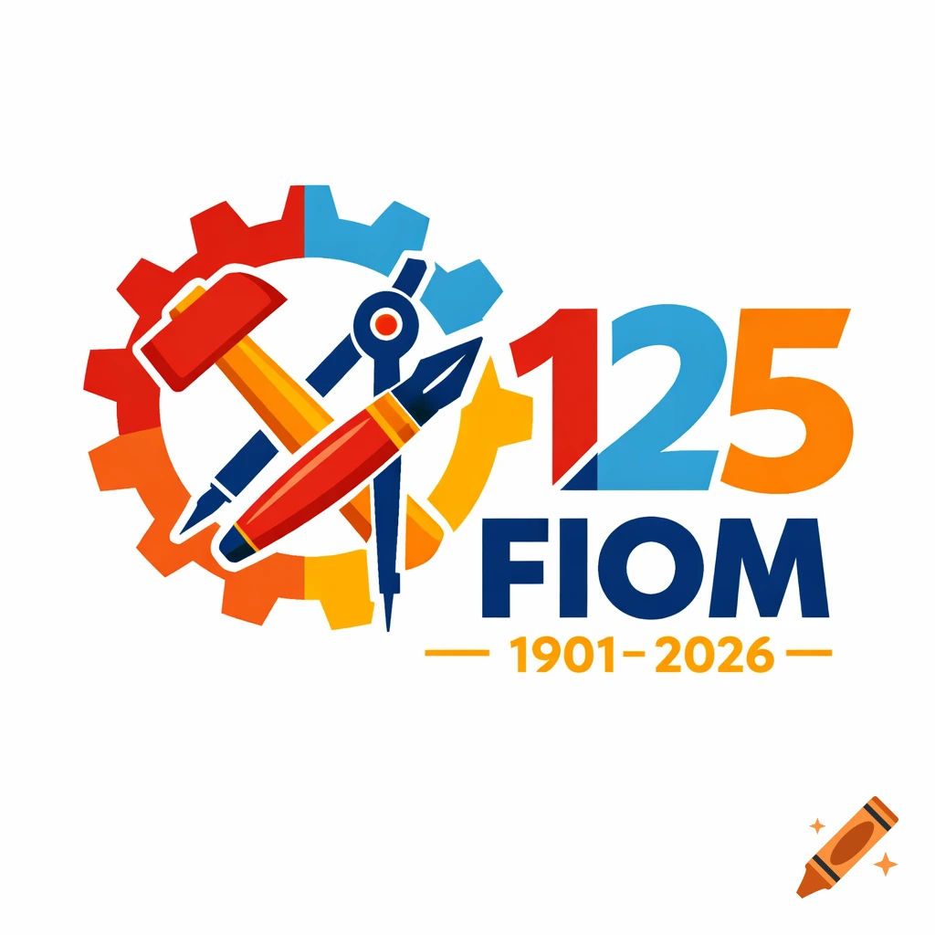 Colorful flat design logo for FIOM's 125th anniversary, featuring a gear, hammer, fountain pen, and compass with '125 FIOM 1901-2026'.