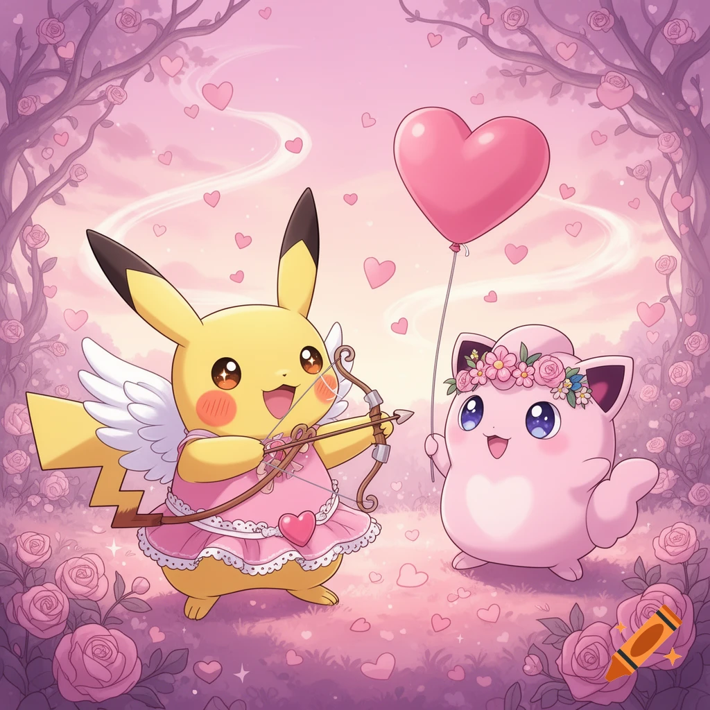 Cartoon Pikachu as Cupid with a bow, and Jigglypuff holding a heart balloon in a pink, romantic forest filled with roses and floating hearts.