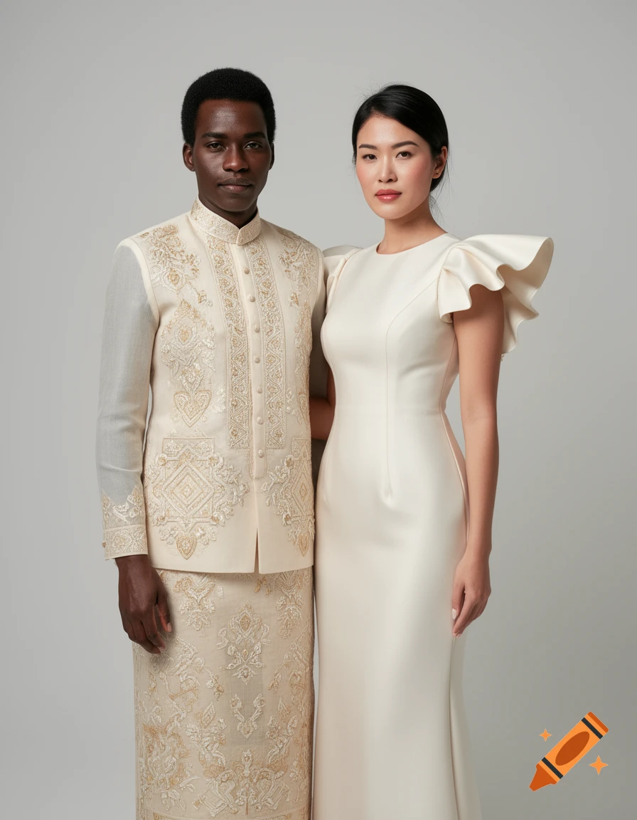 A Black man in an embroidered cream barong and an Asian woman in an ivory modern Filipiniana dress.