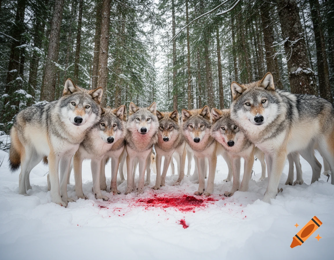 A group of wolves stands in a snowy forest around a pool of blood.