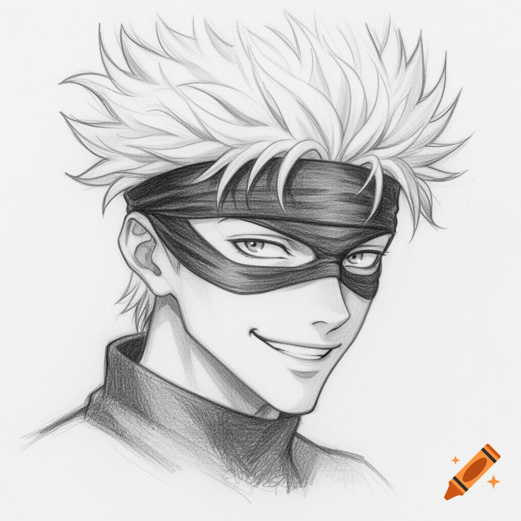 Pencil drawing of a smiling young man with spiky white hair and a black blindfold over his eyes.