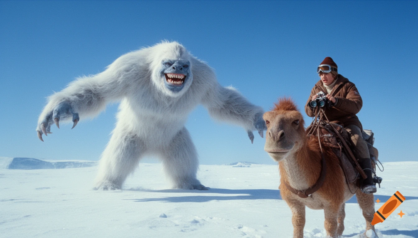 A Wampa charges across a snowy plain while Luke Skywalker rides a Tauntaun, looking alarmed. 1970s photograph.