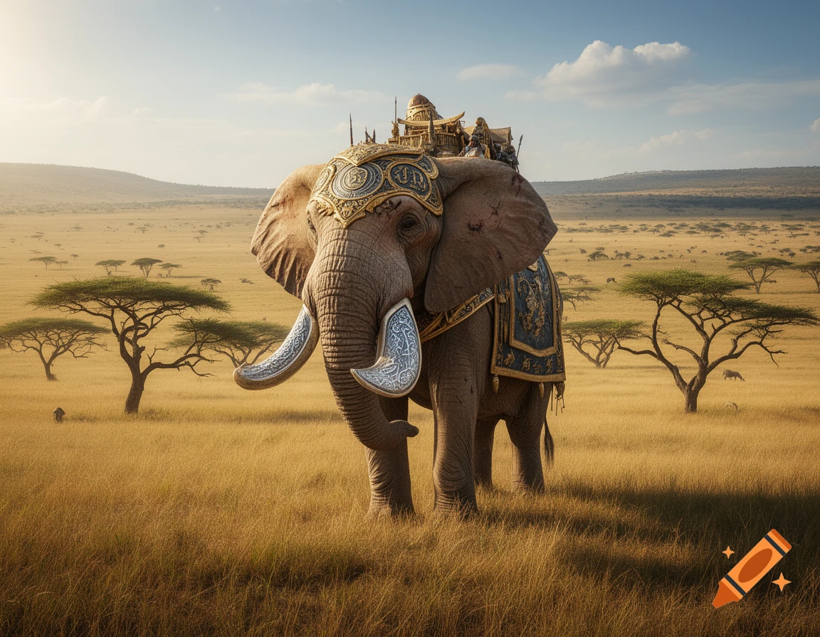 A majestic armored elephant with decorative tusks stands in a sunny African savanna with acacia trees and distant hills.