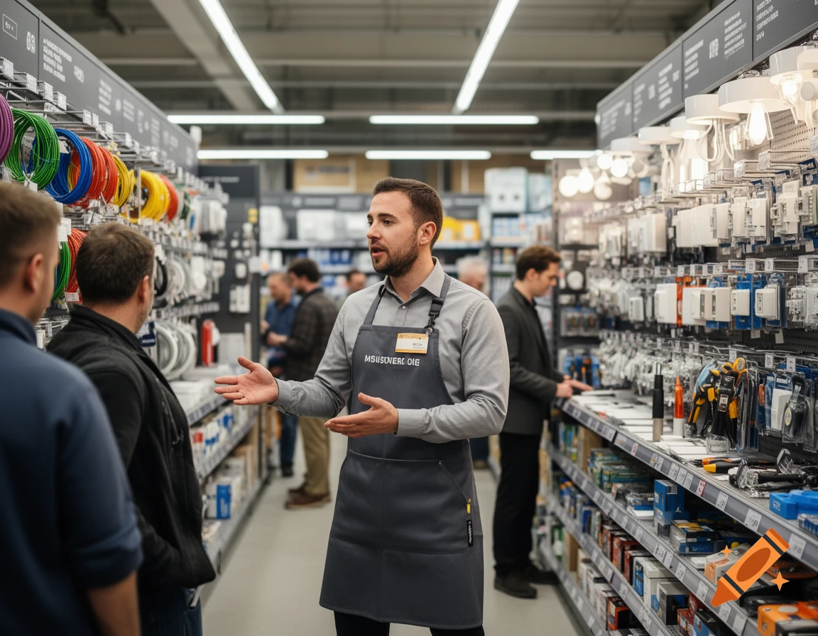 A male sales advisor in a gray apron gestures while speaking to customers in an aisle of an electrical supply store, with wires and light fixtures on shelves.
