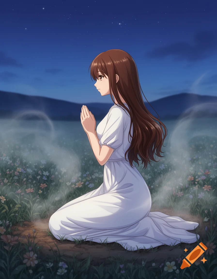 An anime girl with long brown hair, wearing a white dress, kneels praying in a flower field under a starry night sky.