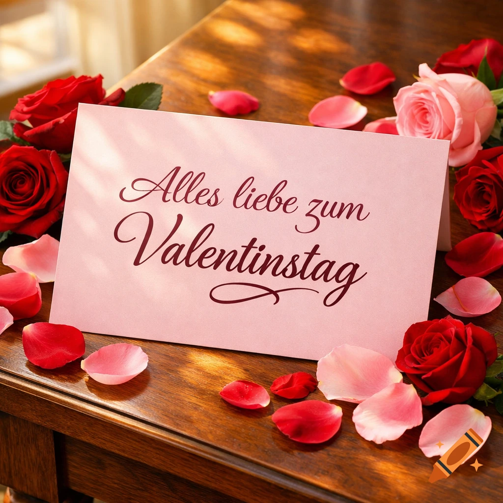 A pink Valentine's Day card with "Alles liebe zum Valentinstag" surrounded by red and pink roses and petals on a wooden table.