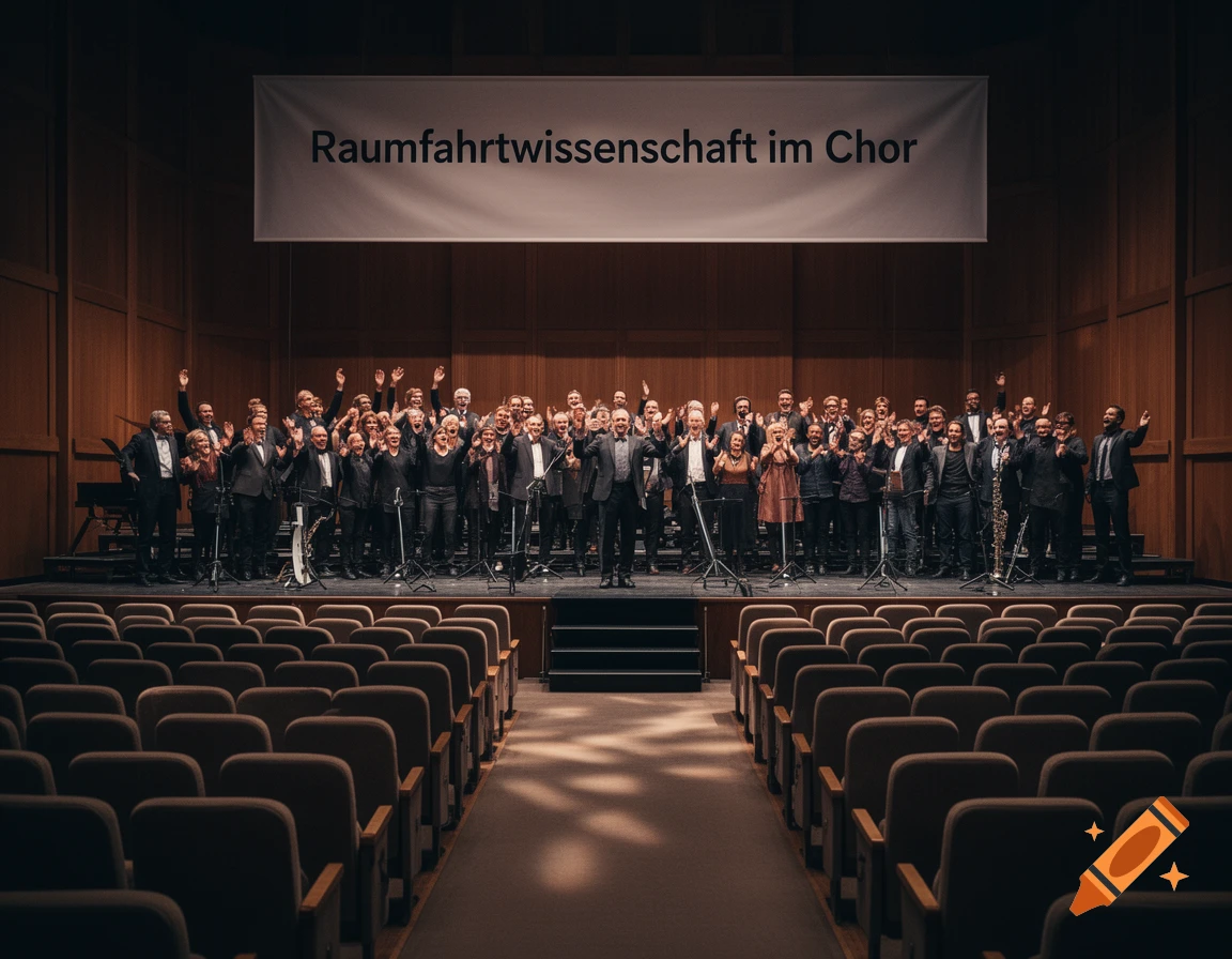 A large choir on stage in a concert hall, with a banner above reading 'Raumfahrtwissenschaft im Chor'. Choir members wave and smile at the empty audience.