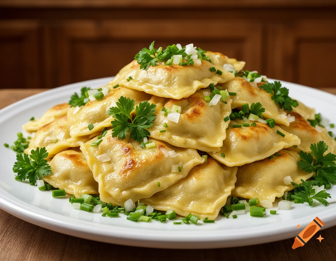 A plate of golden-brown Maultaschen (dumplings) garnished with fresh parsley and chopped chives, photorealistic.