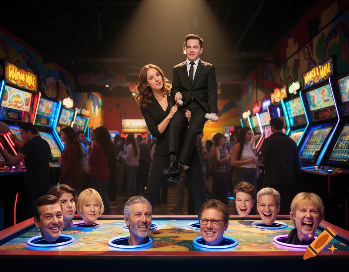 A woman carries a man in a suit, using him as a mallet to play Whac-A-Mole with various celebrity heads in a vibrant arcade.