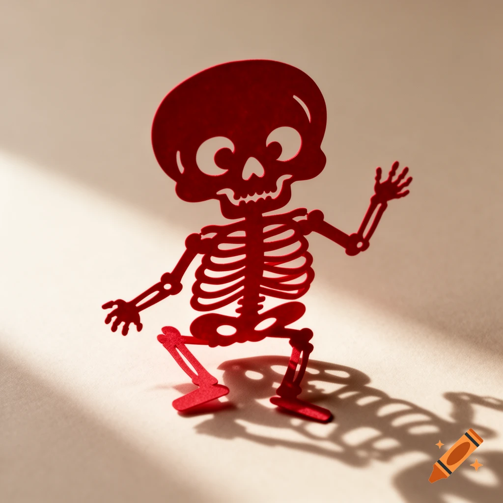 A red paper-cut cartoon skeleton with a large head and a waving hand, casting a shadow on a light background.