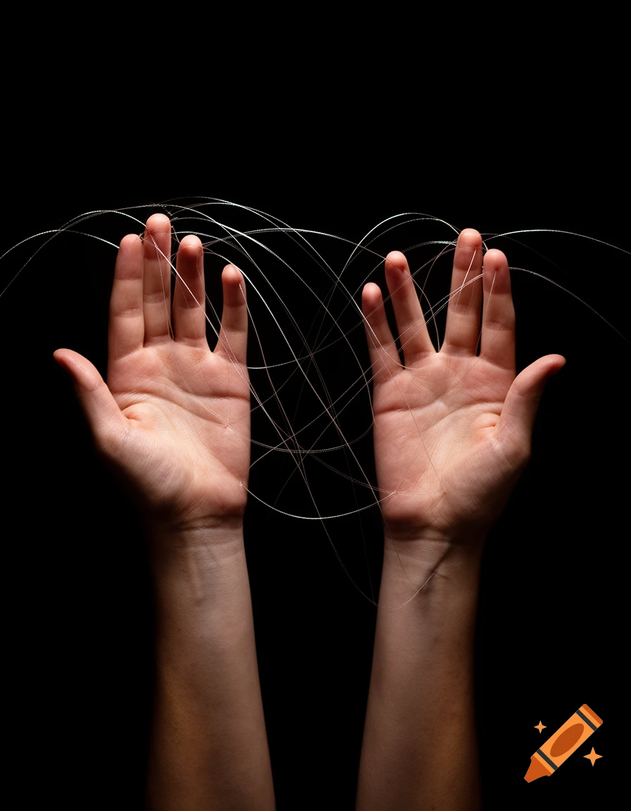Two hands with fingers splayed, catching thin white strings against a black background with dramatic lighting.