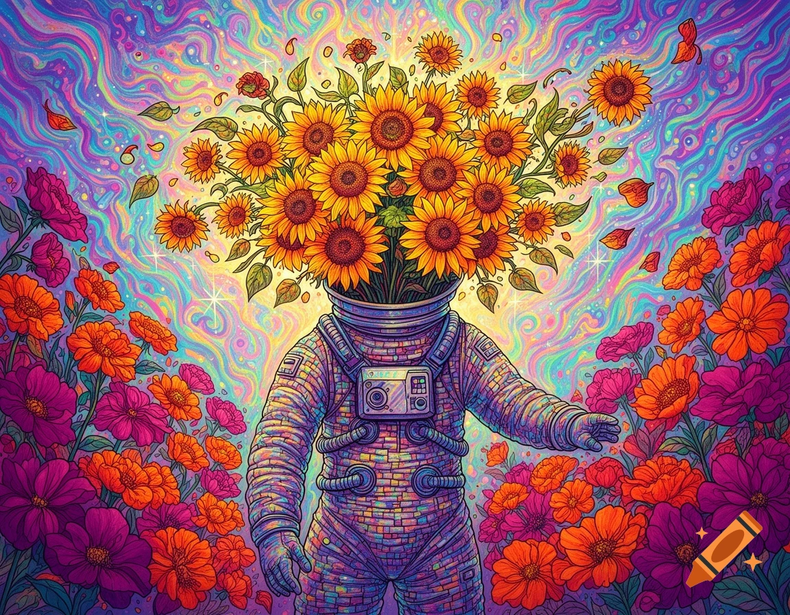 Vibrant psychedelic art of an astronaut with a sunflower head, surrounded by colorful flowers against a swirling rainbow background.