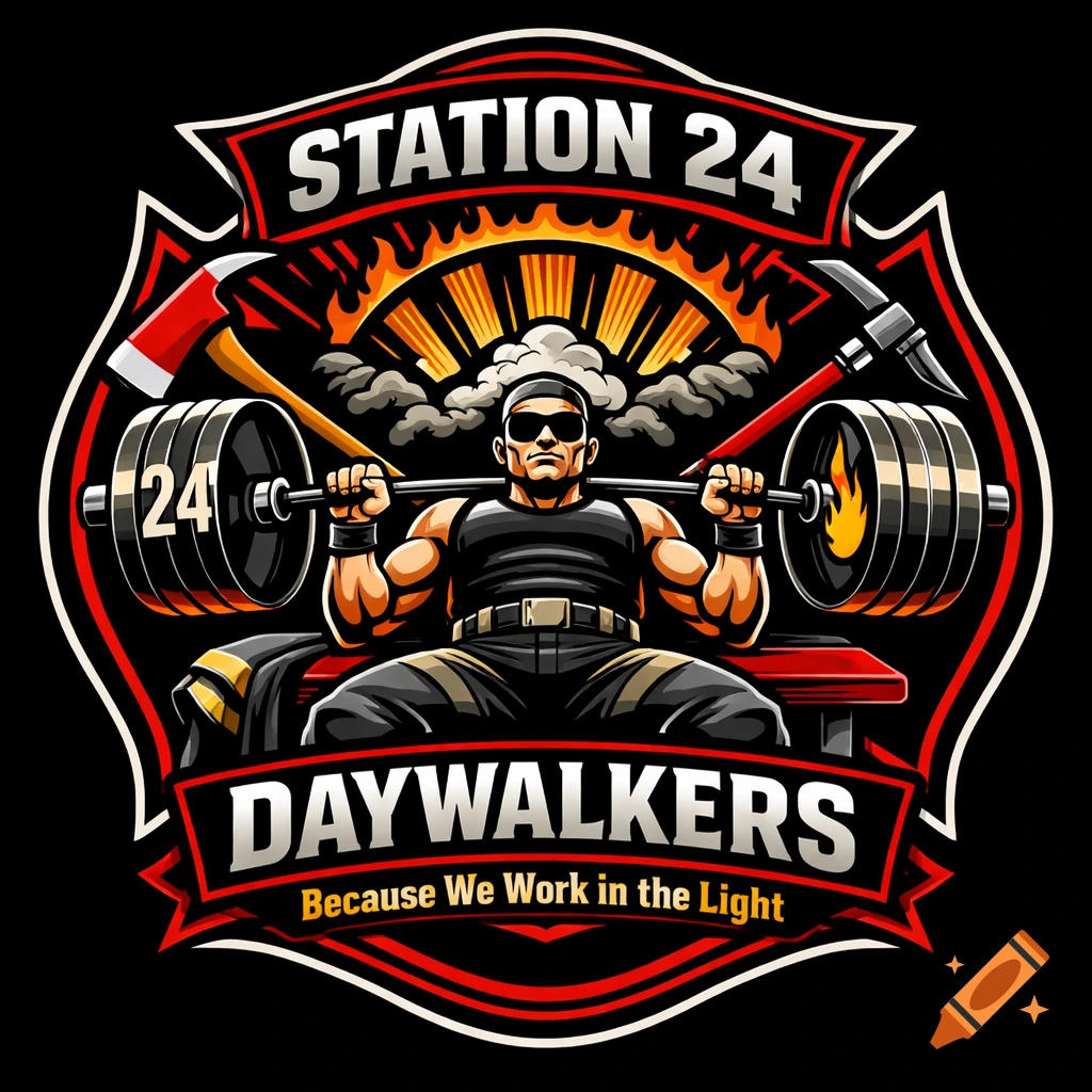 Bold vector logo for 'Station 24 Daywalkers' featuring a muscular firefighter bench pressing, a fire axe, and halligan bar.