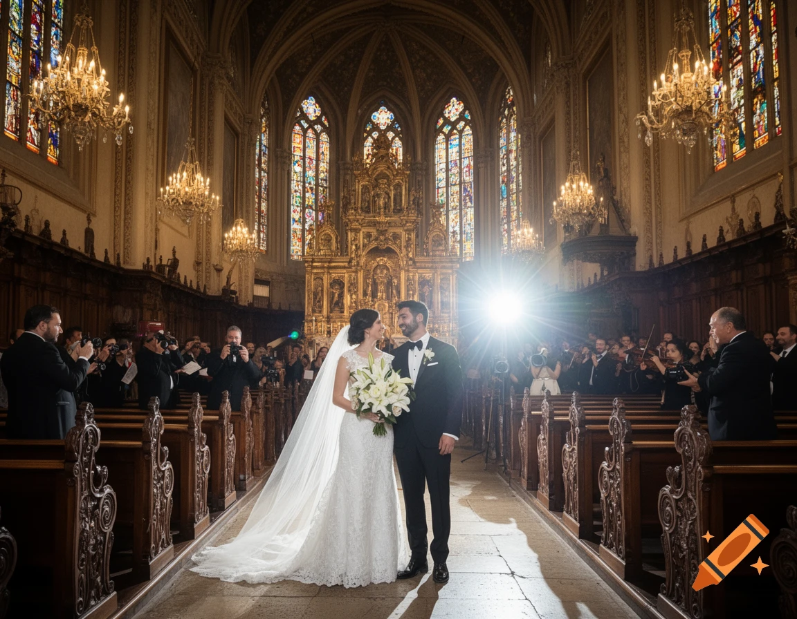 Bride and groom stand in the ornate aisle of a grand church, surrounded by wedding guests and bright flash photography.