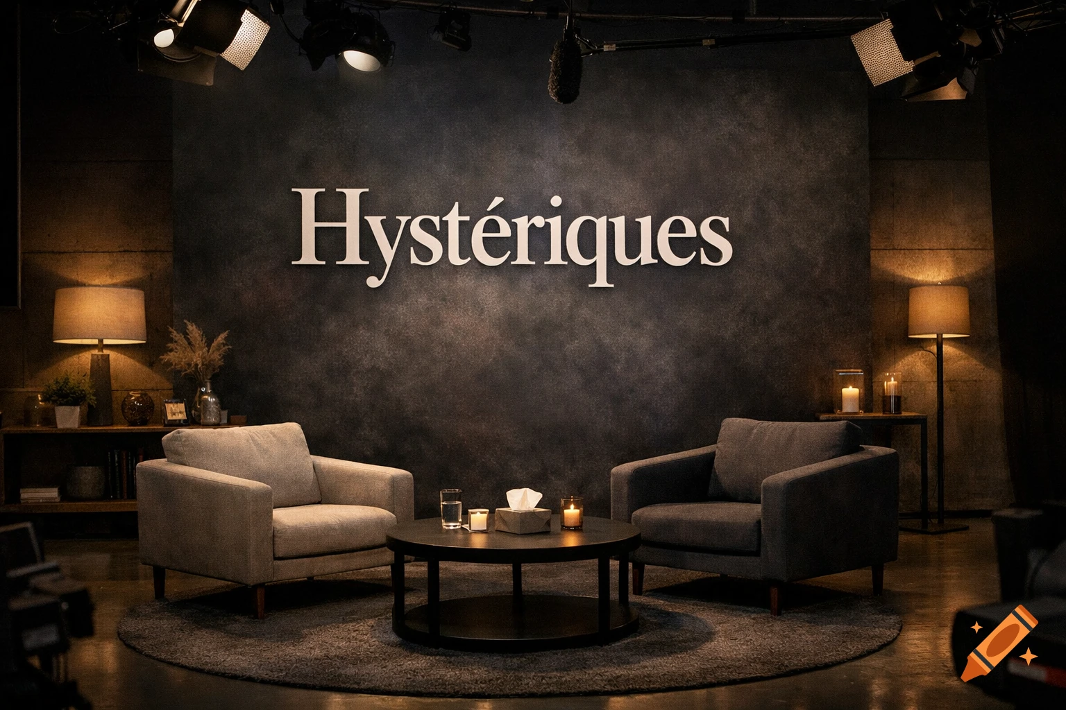 A professional TV studio set with two armchairs, a coffee table, and the word 'Hystériques' on a dark textured wall.