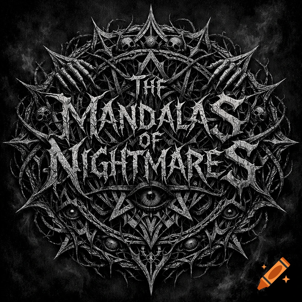 Dark, gothic death metal logo for 'The Mandalas of Nightmares' with thorny patterns, skulls, bones, and a central eye.