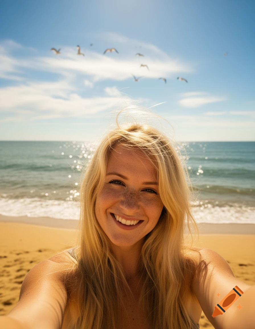 A smiling blonde woman takes a selfie on a sunny beach with seagulls flying in the blue sky.