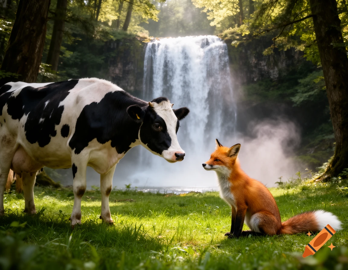 A photorealistic black and white cow and a red fox interact in a forest clearing before a large waterfall.