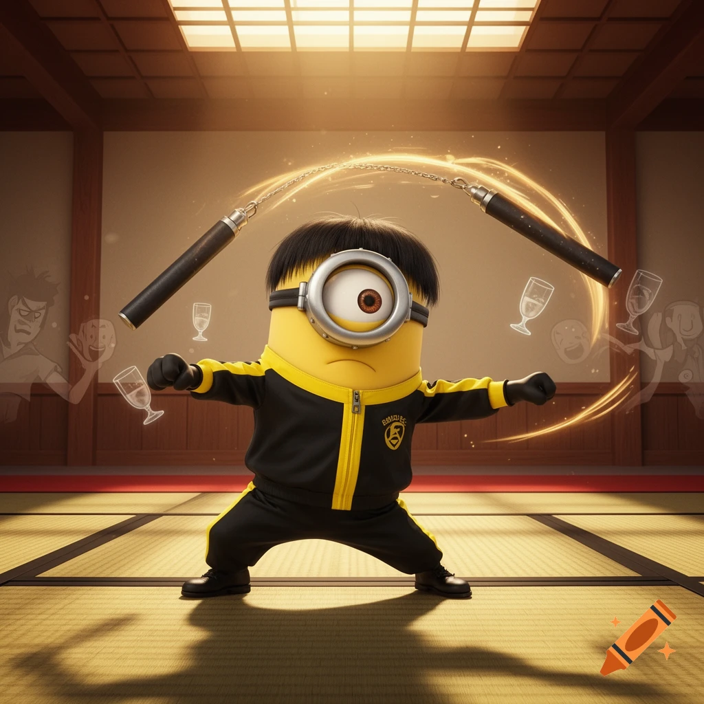 A Minion dressed in a black and yellow tracksuit, resembling Bruce Lee, performs a nunchaku move in a dojo.